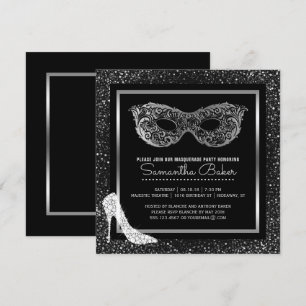 Invitation Boule Mascarade talons hauts Noir Silver Sweet 16