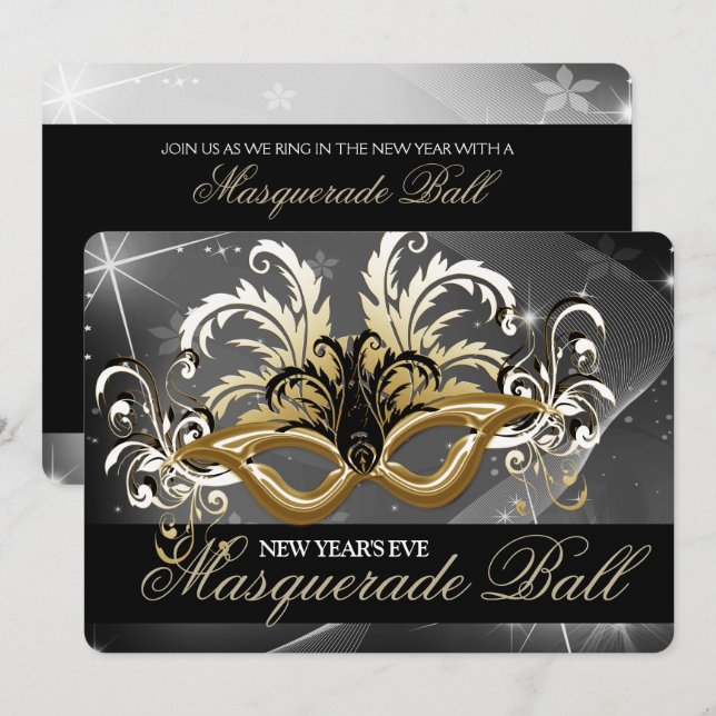 Invitation Boule Masquerade du Nouvel An Or (Devant / Derrière)