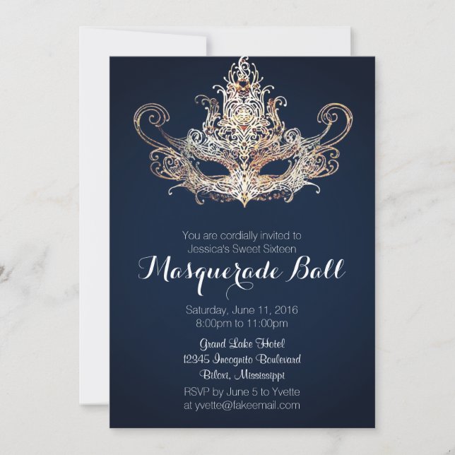 Invitation Boule Masquerade Sweet sixteen sur mesure - Marine (Devant)