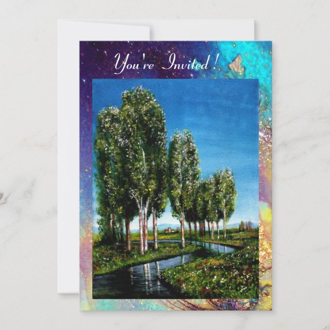 Invitation BOULEAUX EN TOSCANE, paillettes bleu vert or (Devant)
