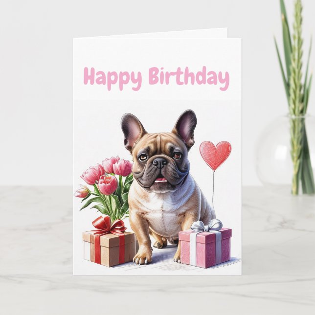 Invitation Bouledogue français avec des fleurs Birthday Bulld (Devant)