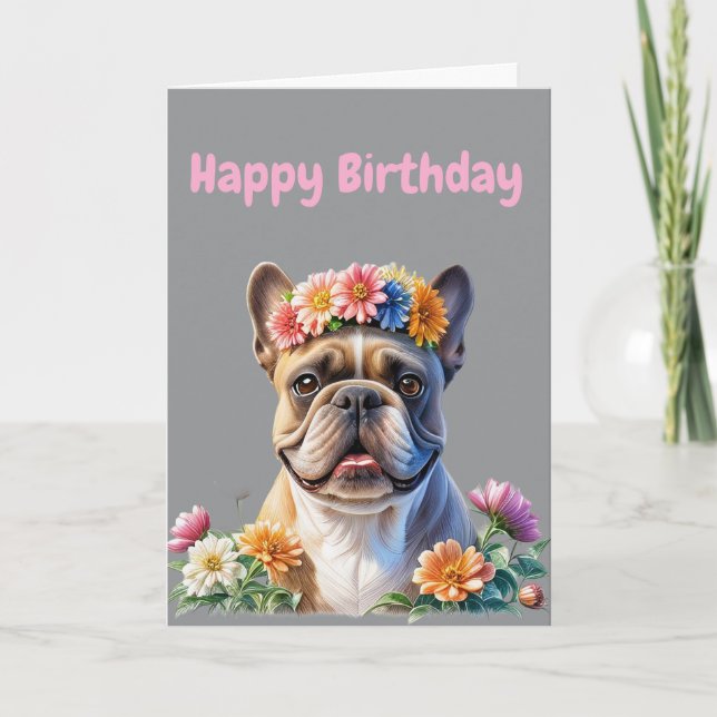 Invitation Bouledogue français Fleurs Anniversaire Bouledogue (Devant)
