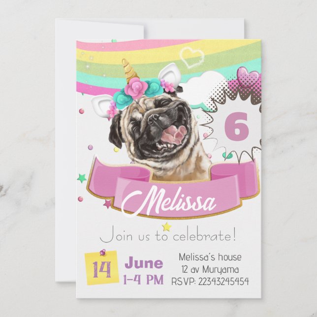 Invitation bouledogue, Pug Licorne Chien Chiot Ann (Devant)