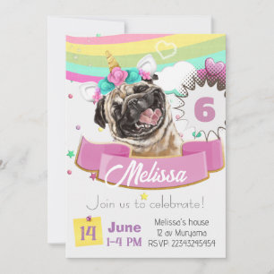 Invitation bouledogue, Pug Licorne Chien Chiot Ann