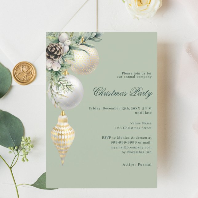 Invitation Boules blanches en or vert compagnie Noël (Créateur téléchargé)