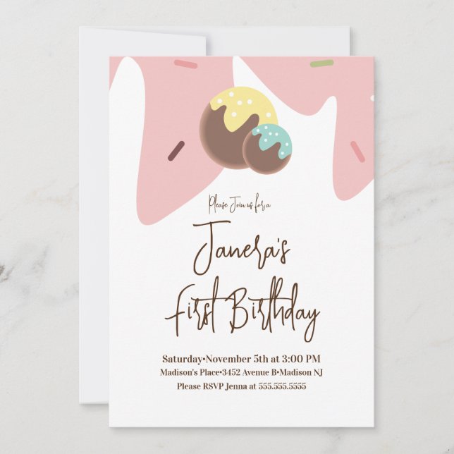 Invitation Boules de cake pop glaçage pour une première année (Devant)