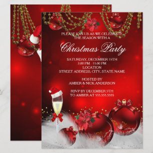 Invitation Boules de Champagne Rouge Or Fête de Noël