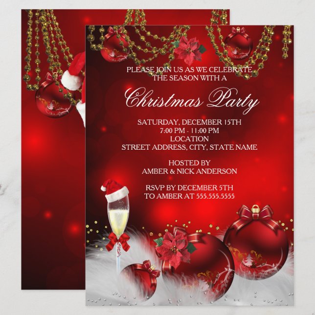 Invitation Boules de Champagne Rouge Or Fête de Noël (Devant / Derrière)