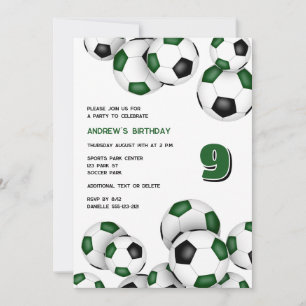 Invitation boules de football noir vert garçons filles annive