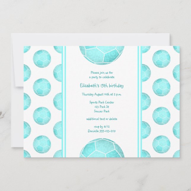Invitation boules de football turquoise motif fille anniversa (Devant)