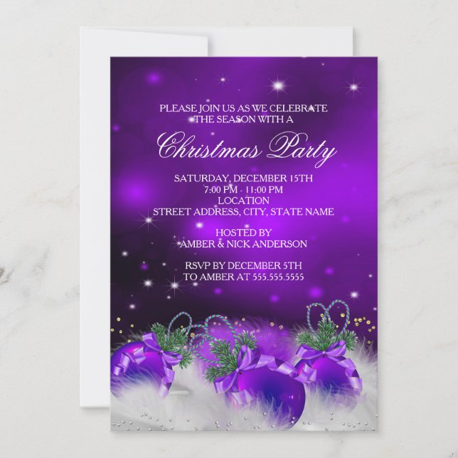 Invitation Boules de houx argent or violet Noël Party 2 (Devant)