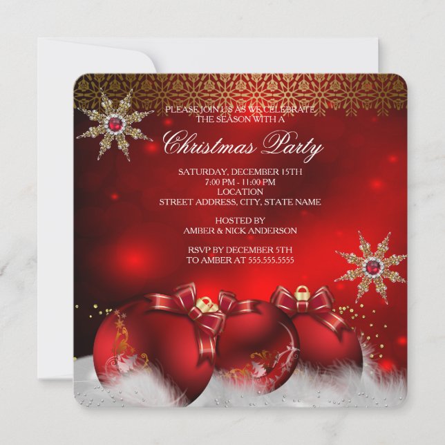 Invitation Boules de houx argentées rouges dorées Noël nouvel (Devant)
