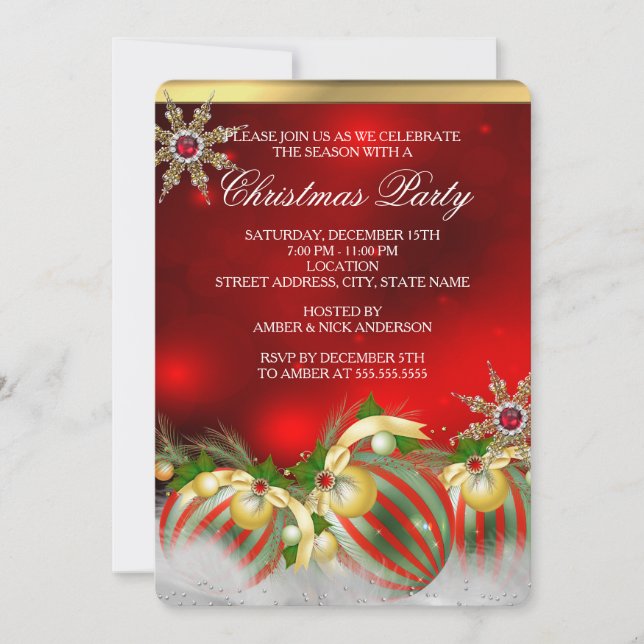 Invitation Boules de houx argentées rouges dorées Noël Party  (Devant)