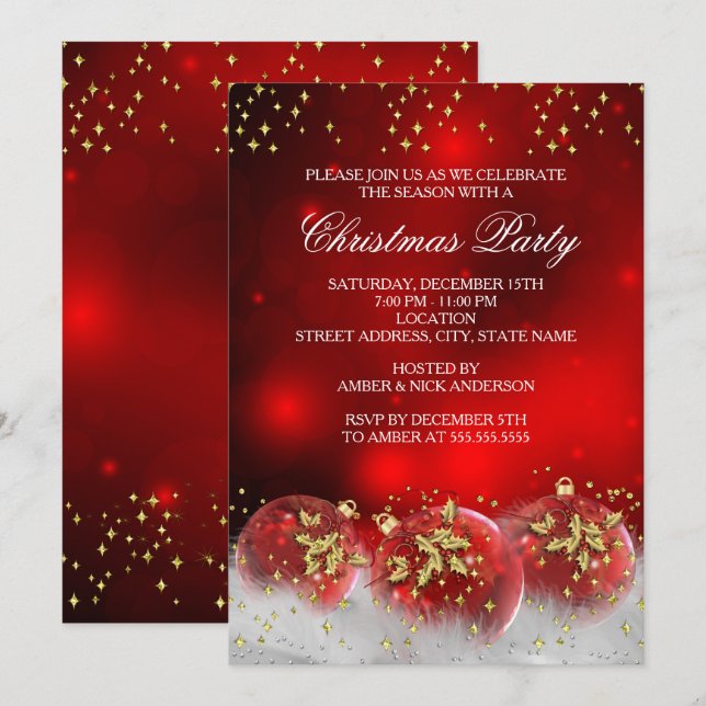 Invitation Boules de houx dorées rouges Fête de Noël (Devant / Derrière)