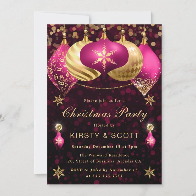 Invitation Boules de Noël à paillettes roses et dorées pour f (Devant)