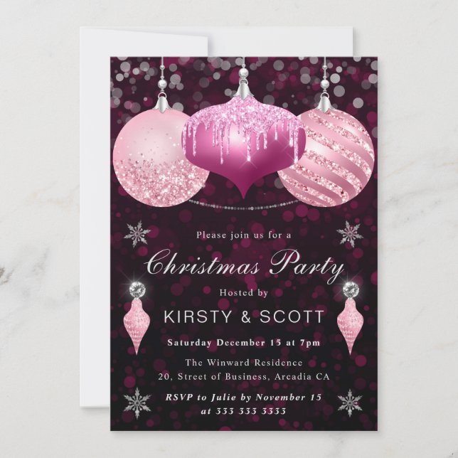 Invitation Boules de Noël à paillettes roses pour dîner de fê (Devant)