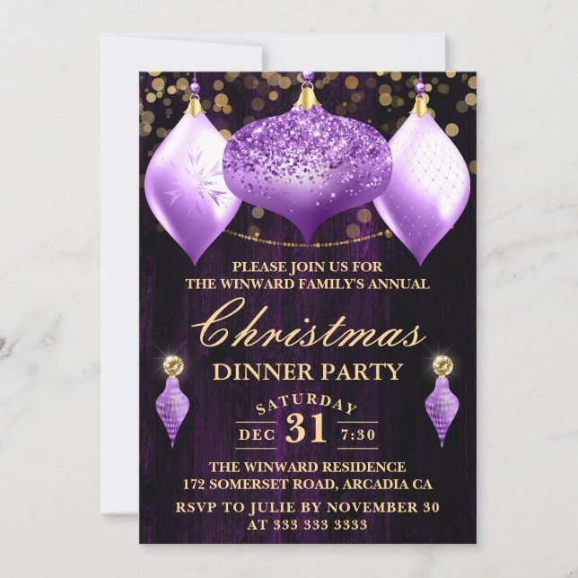 Invitation Boules de Noël à paillettes violettes pour dîner d (Devant)