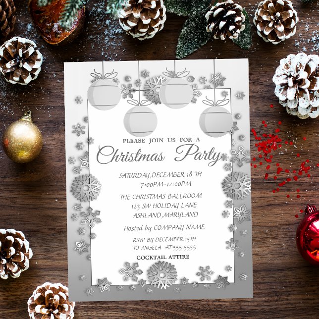 Invitation Boules de Noël, Argent  Soirée d'entreprise de Noë (Créateur téléchargé)