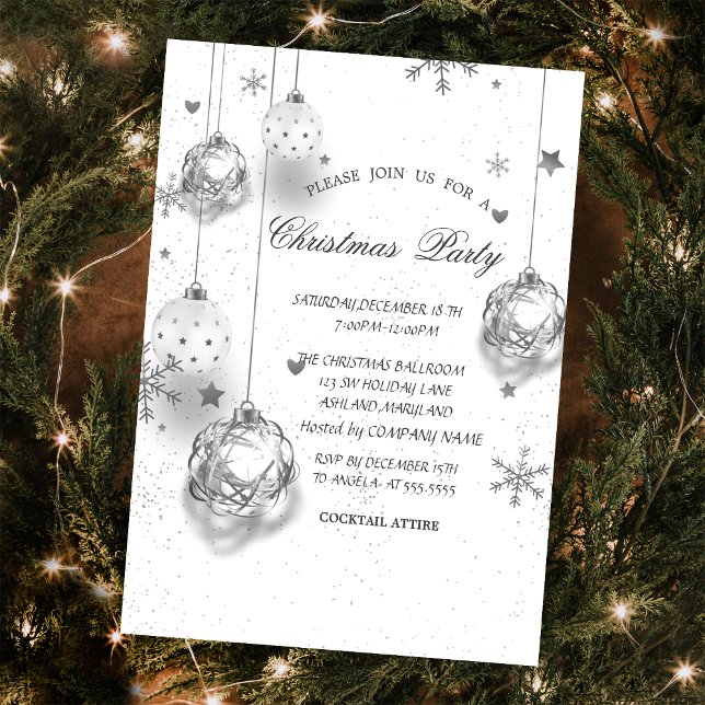 Invitation Boules de Noël argentées blanches Christmas Compan (Créateur téléchargé)