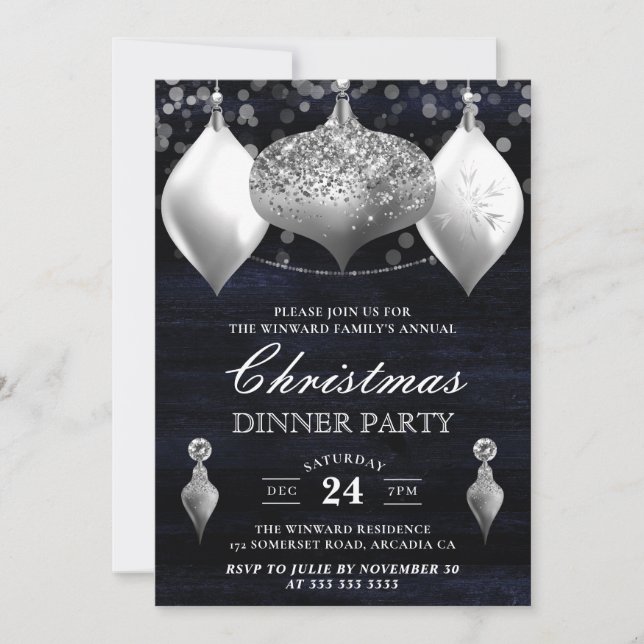 Invitation Boules de Noël argentées pailletées pour le dîner  (Devant)