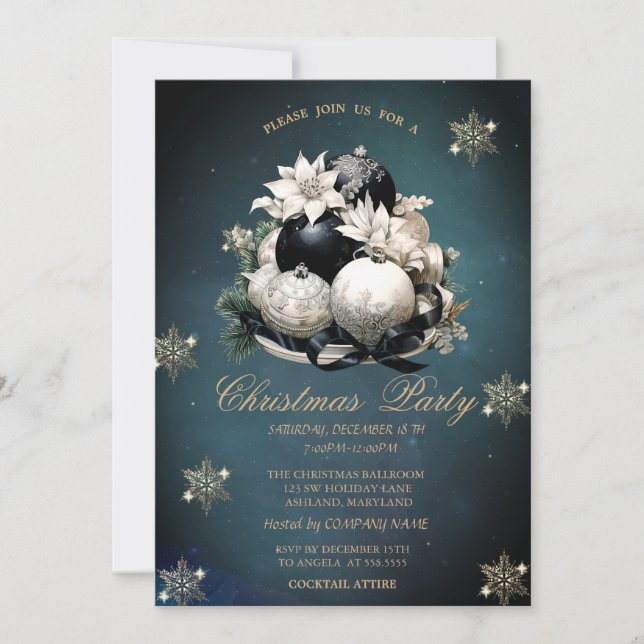 Invitation Boules de Noël blanches et noires, entreprise de f (Devant)