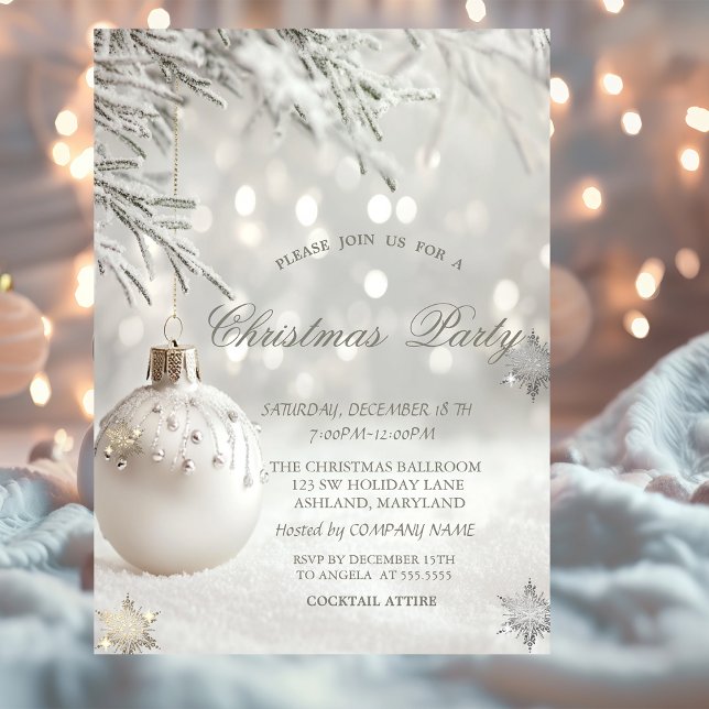 Invitation Boules de Noël blanches, Fête d'entreprise flocons (Créateur téléchargé)