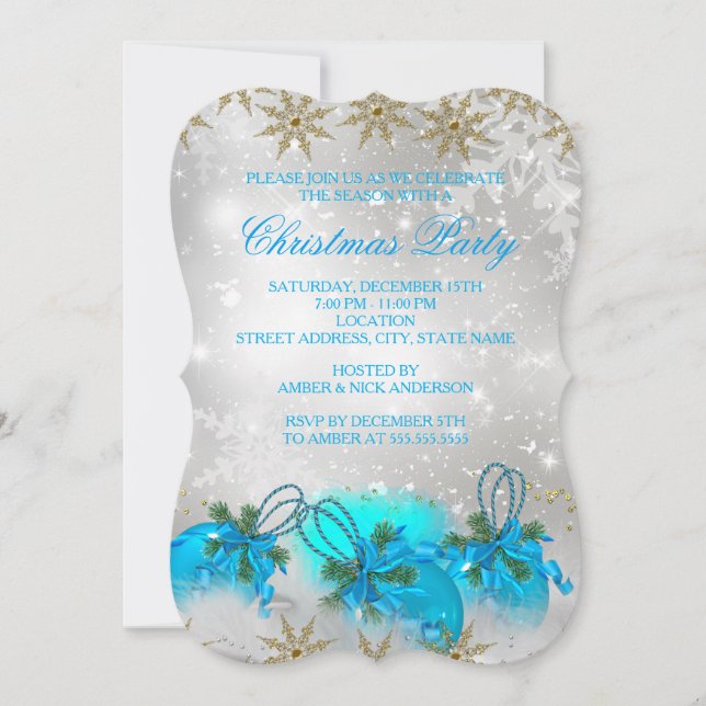 Invitation Boules de Noël Bleu Argent & Or Fête de Noël (Devant)