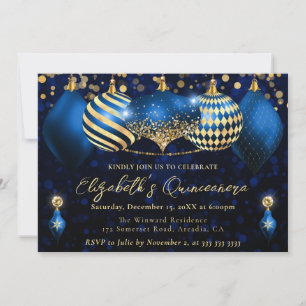 Invitation Boules de Noël Bleu et Or Quinceanera