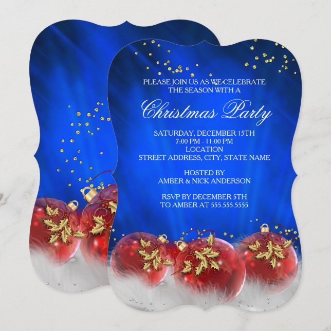 Invitation Boules de Noël Bleu Rouge Or Fête de Noël Blanche (Devant / Derrière)