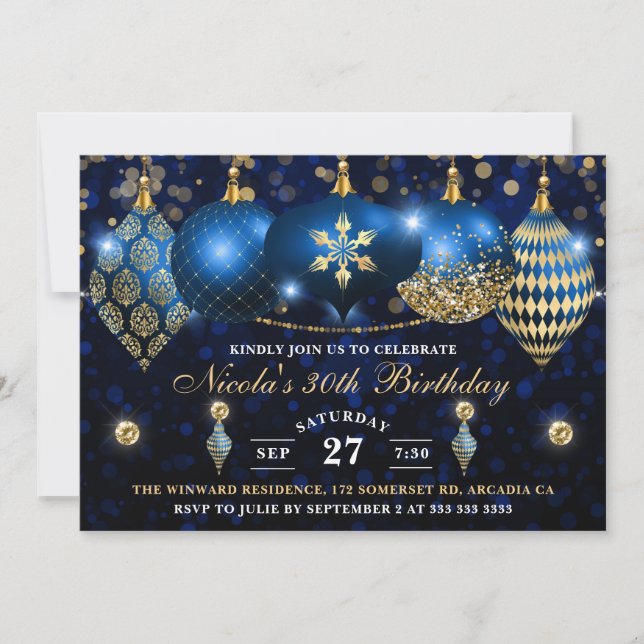 Invitation Boules de Noël Bleu Royal et Or Anniversaire (Devant)