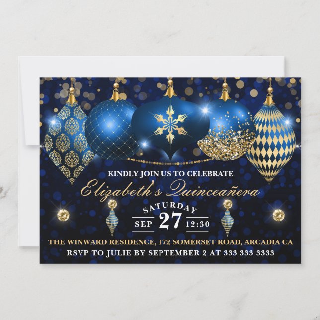 Invitation Boules de Noël Bleu Royal et Or Quinceañera (Devant)