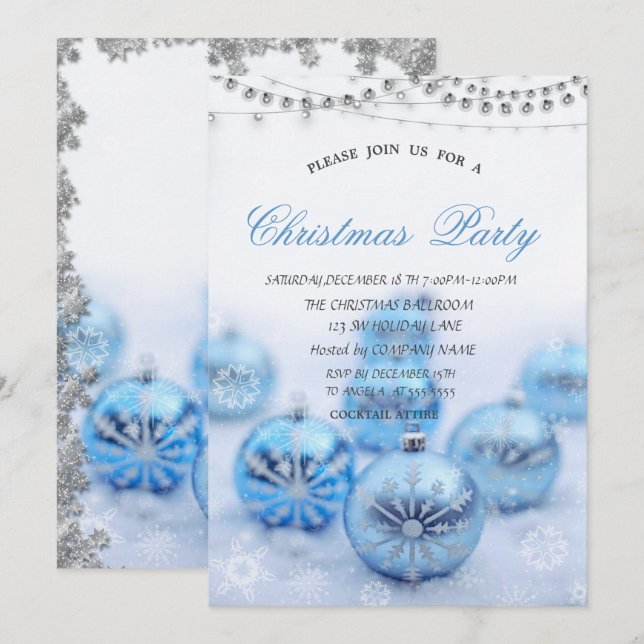 Invitation Boules de Noël bleues, étoiles Soirée d'entreprise (Devant / Derrière)