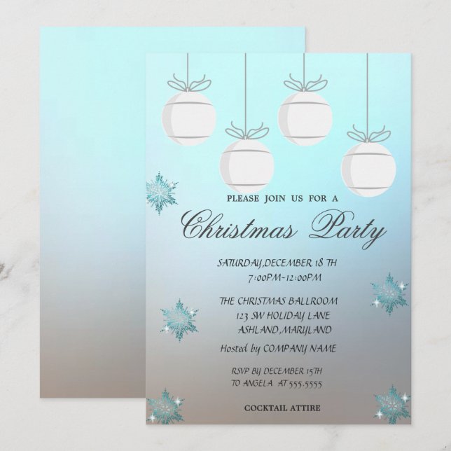 Invitation Boules de Noël, Bleues  Soirée de Noël d'entrepris (Devant / Derrière)
