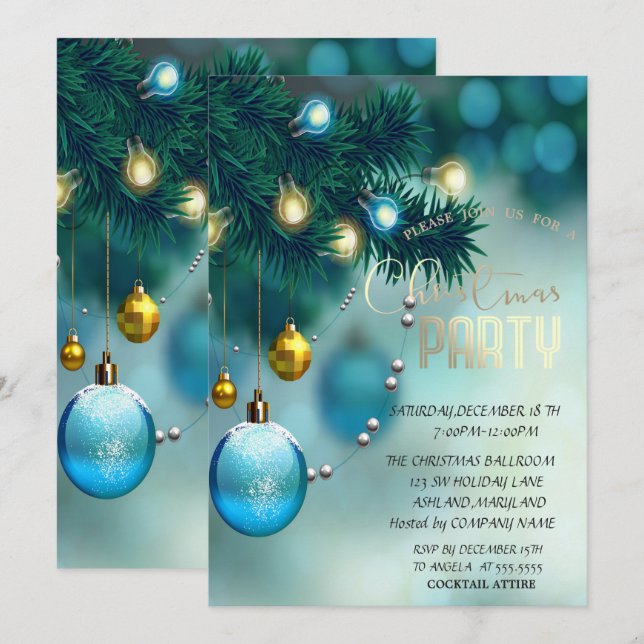Invitation Boules de Noël Bleues Soirée d'entreprise de Noël (Devant / Derrière)