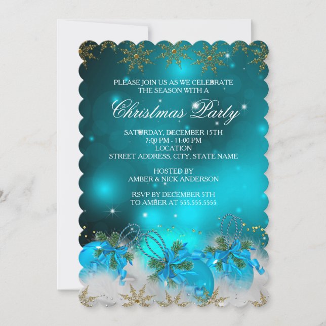 Invitation Boules de Noël Blue Silver & Gold Holly Fête de No (Devant)