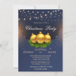 Invitation Boules de Noël Branches Bleu Noël Entreprise