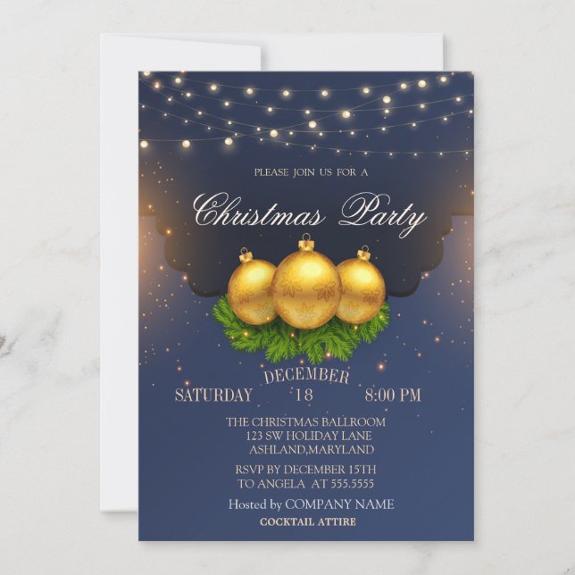 Invitation Boules de Noël Branches Bleu Noël Entreprise (Devant)