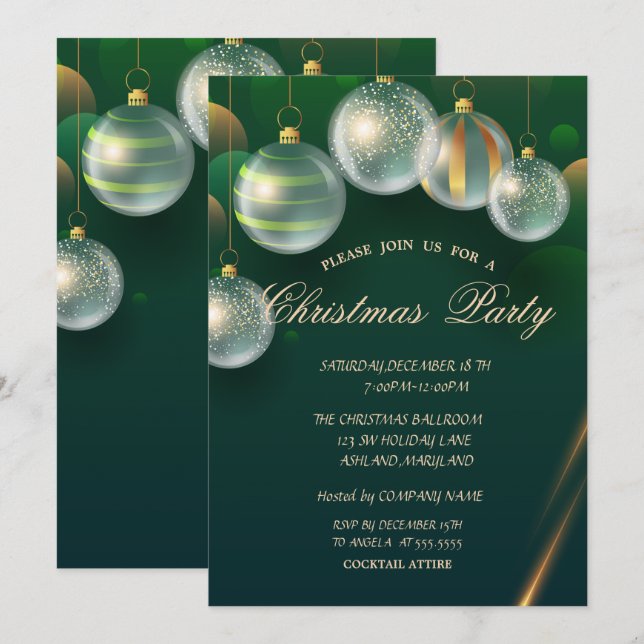 Invitation Boules de Noël chic Fête de Noël verte (Devant / Derrière)