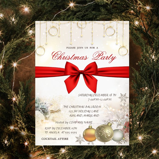 Invitation Boules de Noël chic,Noël d'entreprise avec nœud  (Créateur téléchargé)