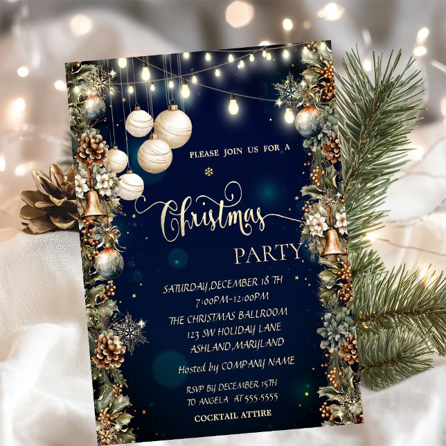 Invitation Boules de Noël, cloches, cônes de pin Bleu Noël  (Créateur téléchargé)