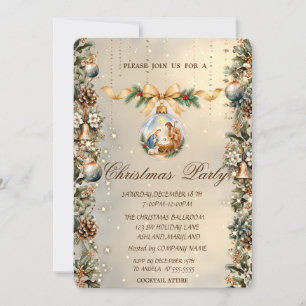 Invitation Boules de Noël, cloches, pommes de pin Or
