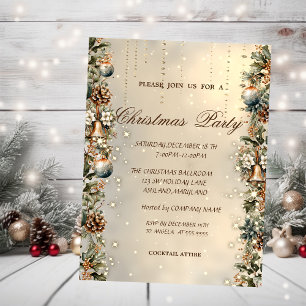 Invitation Boules de Noël, cloches, pommes de pin Or Noël