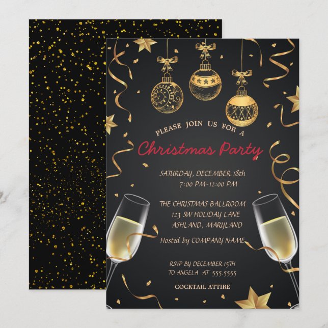 Invitation Boules de Noël, Confettis Fête de Noël d'entrepris (Devant / Derrière)