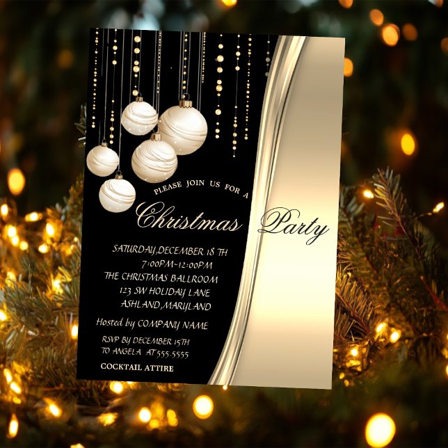 Invitation Boules de Noël crème, Fête de la société dorée (Créateur téléchargé)
