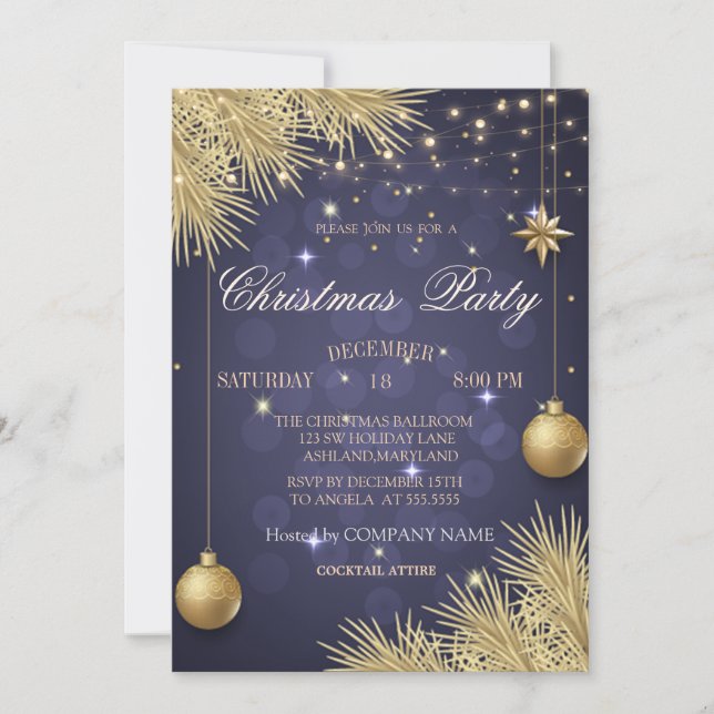 Invitation Boules de Noël Dorées Branches Entreprise de Noël (Devant)