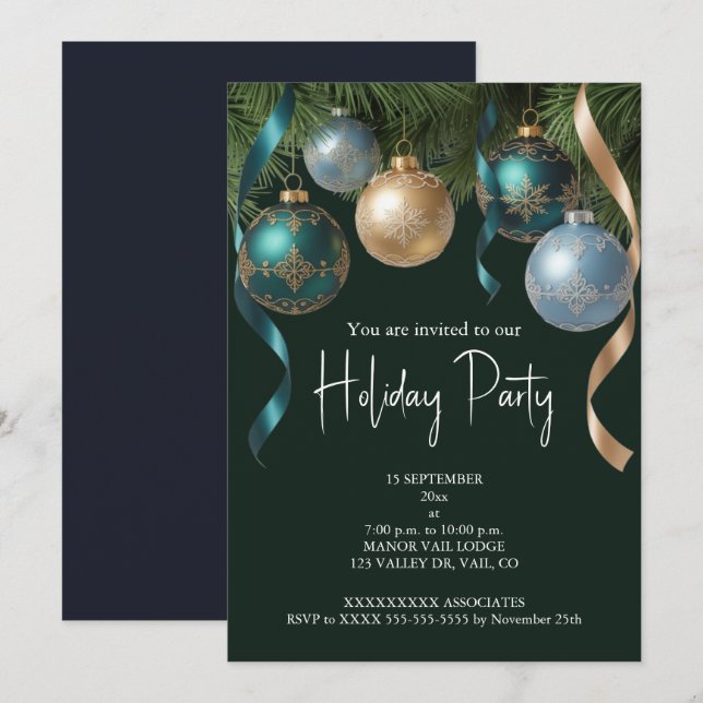 Invitation Boules de Noël dorées élégantes Fête de l'Arbre de (Devant / Derrière)