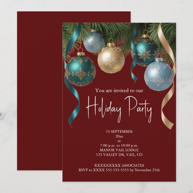 Invitation Boules de Noël dorées élégantes Fête de l'arbre de (Devant / Derrière)