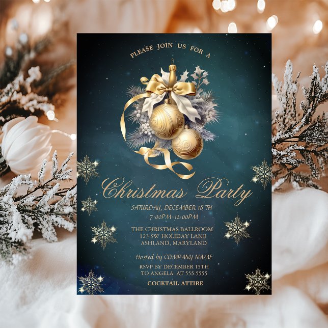 Invitation Boules de Noël dorées, Flocons de neige Société Vi (Créateur téléchargé)