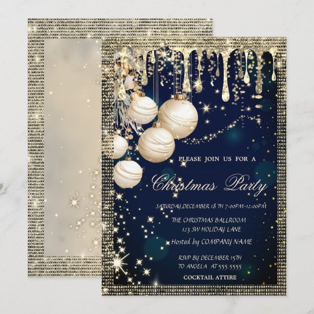 Invitation Boules de Noël élégantes Drips Or Bleu Noël  (Devant / Derrière)