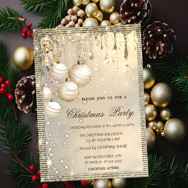 Invitation Boules de Noël élégantes Drips Or Noël  (Créateur téléchargé)